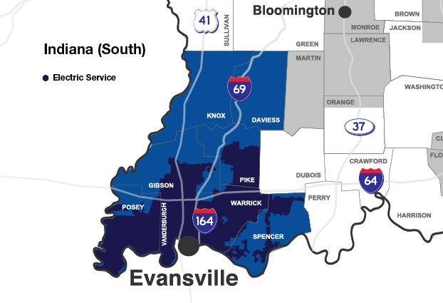 CenterPoint Energy's South electric and natural gas service territory is shown on a map which includes the Indiana counties of Daviess, Knox, Gibson, Pike, Posey, Vanderburgh, Warrick and Spencer.